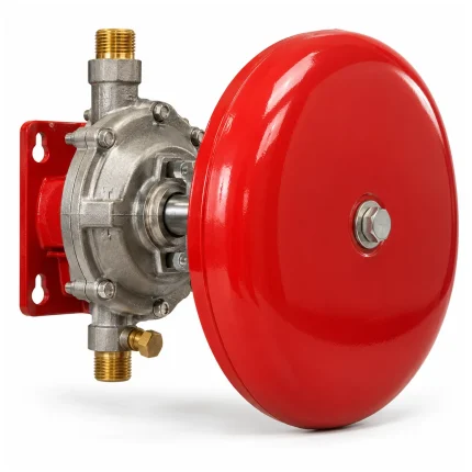 Campana hidráulica de alarma tipo gong roja con motor de agua, eje y conexiones para sistema de rociadores | HIDRALCO Colombia