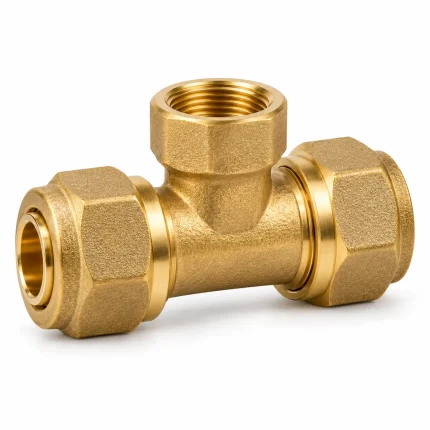 Tee de latón para tubería multicapa PEALPE con dos extremos de compresión y salida roscada hembra NPT