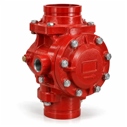Válvula de retención y alarma para rociadores de sistema húmedo, cuerpo rojo con tapa de inspección y conexión de alarma | HIDRALCO Colombia